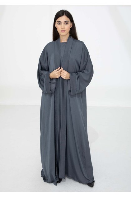 Dark Grey Harir Maqsood Open Abaya Set with Matching Under Dress & Headscarf