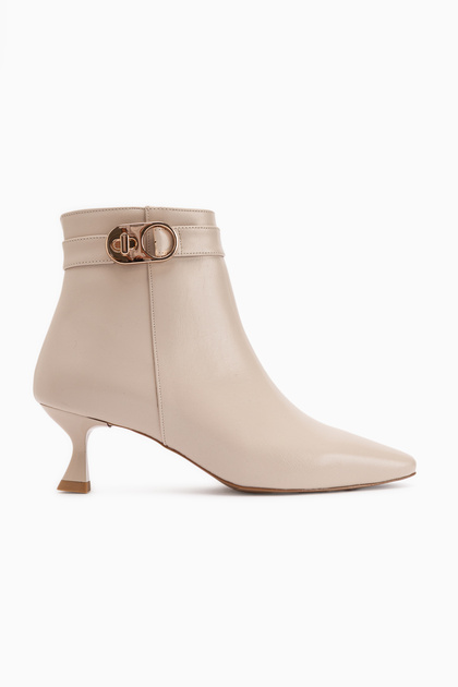 Kathie Beige Buckle Detailed Heeled Women's Boots