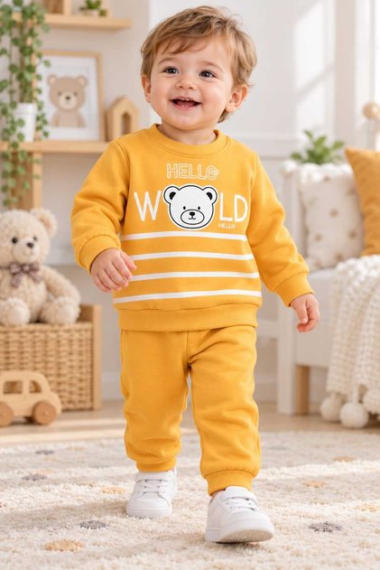 Baby Boy Striped Teddy Bear Patterned 100% Cotton Seasonal 2-Piece Top and Bottom Set