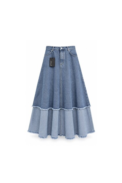 Fusta din denim cu ciucuri, în două culori, albastru deschis