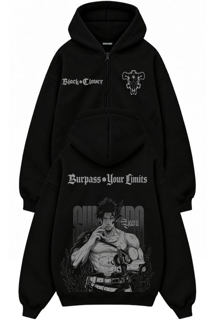 Unisex Oversize Black Clover Yami Sukehiro Sırt Baskılı Kapüşonlu Fermuarlı Anime Zip Hoodie