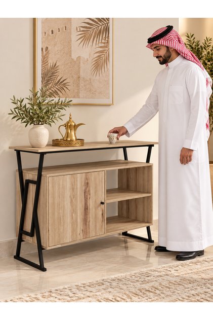 Sideboard Storage Cabinet with Raised Top, Single Door and 2 Open Shelves, Light Wood Finish with Black Metal Frame for Living Room, Dining Room and Entryway