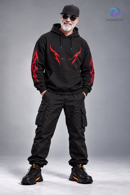 Kızıl Alev Unisex Oversize Ön Arka ve Kol Baskılı Kapüşonlu Kanguru Cepli 3 İplik Şardonlu Sweatshirt Hoodie