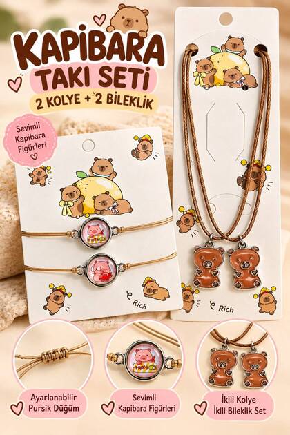 2-Pack Capybara Bracelet and Necklace Set for Girls, Boys, and Friends