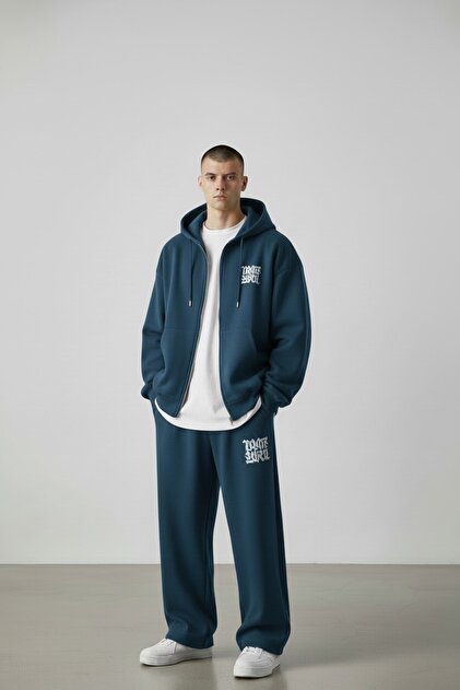 Men's Petrol Blue Printed Hooded Jacket Baggy Tracksuit Set