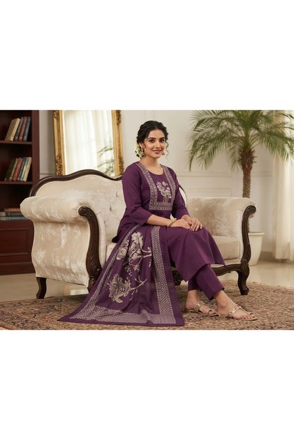 Women's Solid Purple Cotton Kurta with Pants and Printed Dupatta Set | Traditional Ethnic Wear Kurti Set for Women
