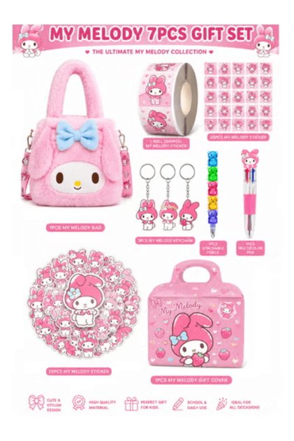 My Melody,Sanrio,Kuromi, Hello kitty,7-Piece Sticker Gift Set for Girls, Pink Cute Stationery School Gift Bundle with Plush Bag, 500-Piece Sticker Roll,25 Stickers,3 Keychains, Stackable Pencil, etc