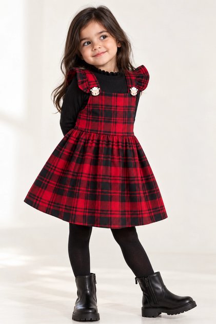 Girl's Red Plaid Ruffle Strap Soft Textured Cotton Dress - Plaid Patterned Buttoned Dress