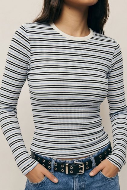Women's Stretchy Fabric Slim Fit Long Sleeve Striped T-Shirt