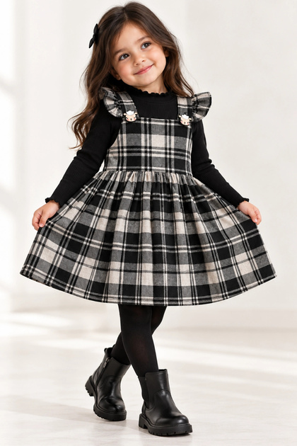 Girl's Gray Plaid Ruffle Strap Soft Textured Cotton Dress - Plaid Pattern Buttoned Dress