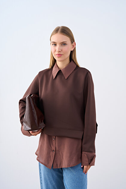 Women's Shirt Collar Detail Tunic Brown