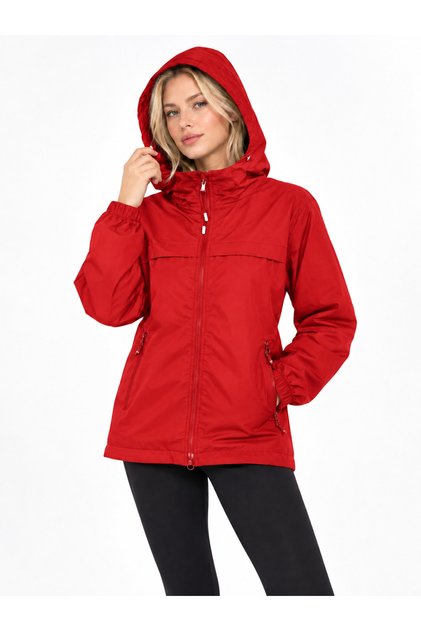 Unisex İçi Polarlı Kapüşonlu Kırmızı Yağmurluk Mont