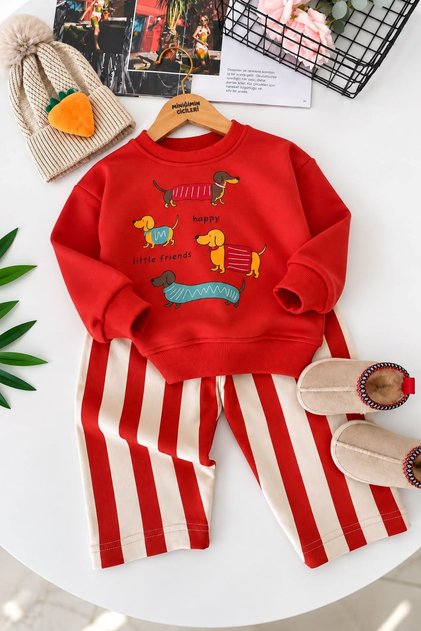 Cute Dog Printed Sweatshirt Striped Wide Leg Pants Girls' 2-Piece Set - Red