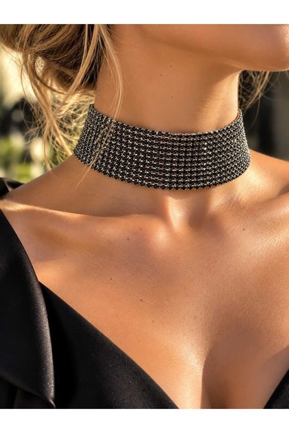 Stone Choker Necklace 11 Rows of Stones 3 cm Width 28 cm Stone Part 5 cm Chain Adjustable