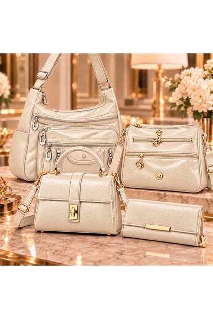 Dazzling Women's 4-Piece Luxury Bag Set | Stylish, Shiny, and Soft Leather Look | Multi-Compartment Wide Shoulder Bag, Crossbody Bag, Handbag, and Wallet – 4 Styles in One Set!