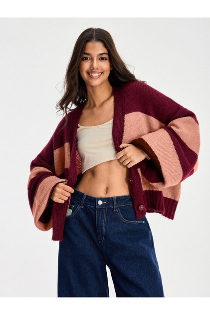 KADIN TRIKO BORDO-PUDRA ÇİZGİLİ OVERSIZE HIRKA