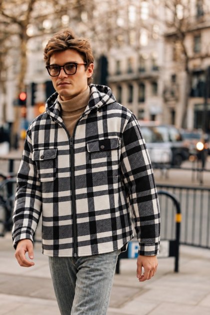 Men's Zippered Hooded Plaid Anthracite Lumberjack Shirt