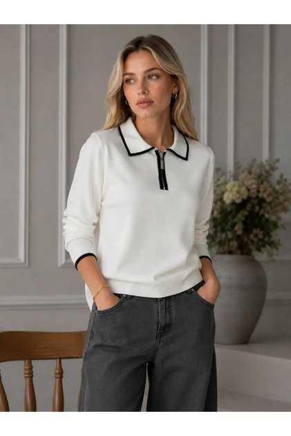 Women's Zippered Polo Collar Knitwear Sweater 12506
