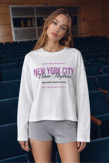 100% Cotton New York City Printed Long Sleeve Basic Sweatshirt - Two Yarns Without Piping