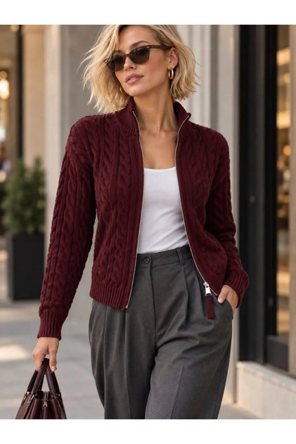 Women's Hair Braided High Collar Knitwear Cardigan - Reversible Zippered Knit Jacket 8775