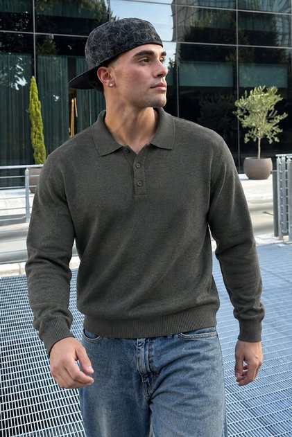 Men's Polo Collar Long Sleeve Smoked Knit Sweater