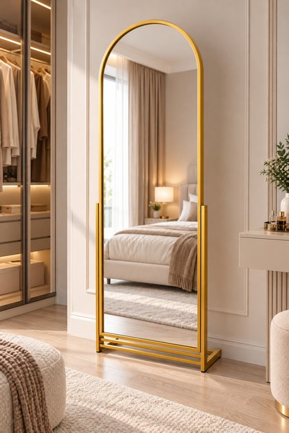 Boy Aynası Gold Metal Çerçeveli Ayarlanabilir AyaklıDekoratif Ayna 60x190 cm