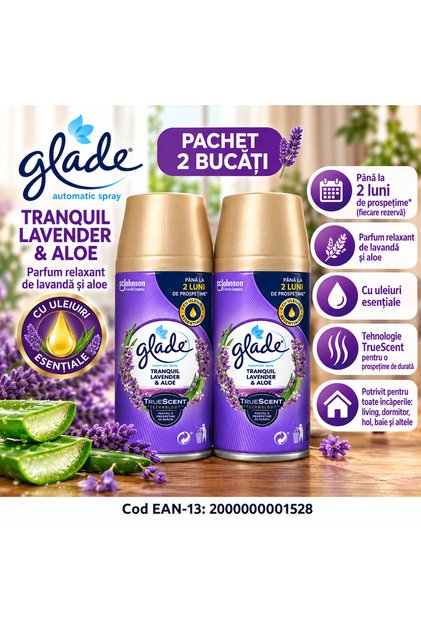 Set 2 Bucăți Automatic Spray Tranquil Lavender & Aloe – Rezerve Odorizant Automat de Cameră, Parfum Lavandă și Aloe, până la 2 Luni de Prospețime per Rezervă
