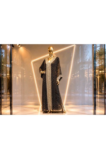 Women's Black Sequin and Stone Embellished Collar Detailed Chiffon Kaftan Evening Dress / Flowy Maxi Dress
