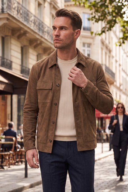 Men's Slim Fit Non-Pilling Non-Wrinkle Brown Suede Jacket – Lined Shirt Collar 2704503