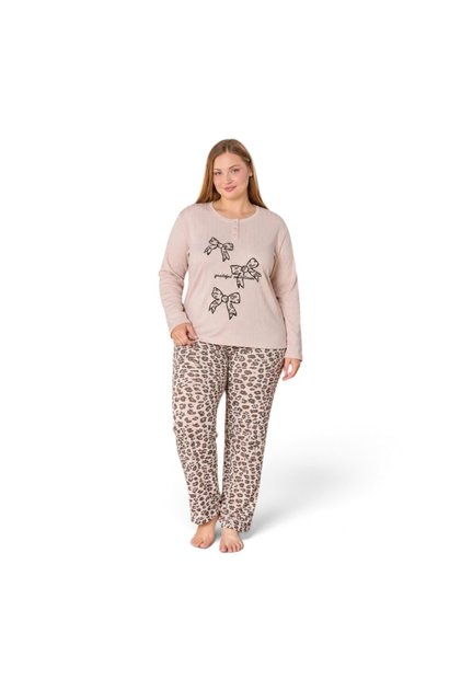Modalove Women's Battal Reported Interlock Fabric Winter Long Sleeve Pajama Set 6868