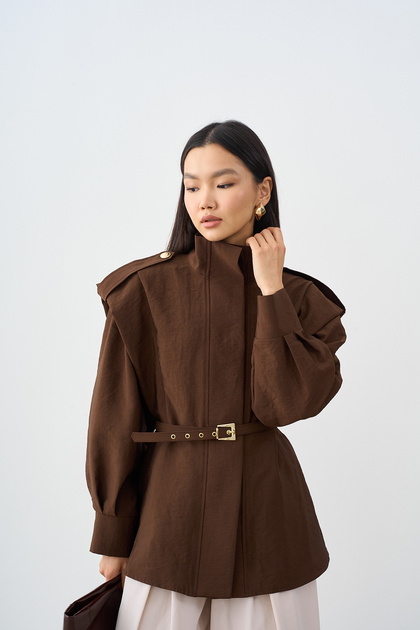 Women's Shoulder Epaulettes Hidden Button Jacket Brown