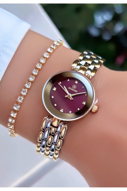 Minimal Burgundy Dial Women's Wristwatch -Waterproof- with Bracelet Gift