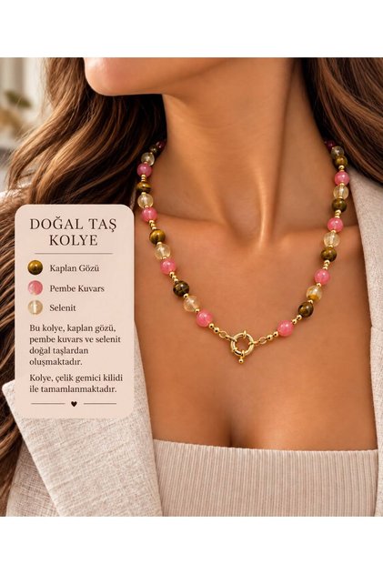 Handmade Tiger's Eye Pink Quartz and Selenite Natural Stone Women's Necklace with Steel Sailor Lock