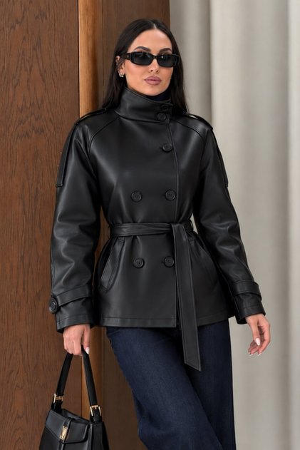 Women's Faux Leather Jacket Belted Buttoned Long Sleeve Pocketed Stand Collar Leather Trench Coat