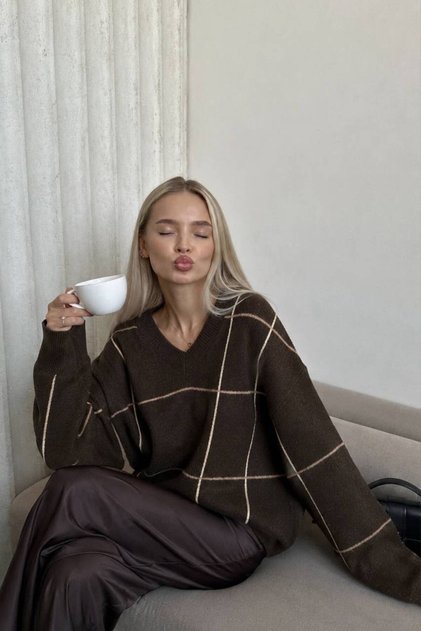 Varelle Plaid Knitwear Sweater – Women's V-Neck Oversized Cut Long Sleeve Patterned Knitted Sweater