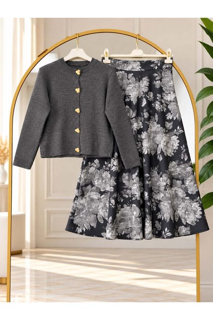 Women's hijab gold heart button detailed floral patterned skirt set dark grey