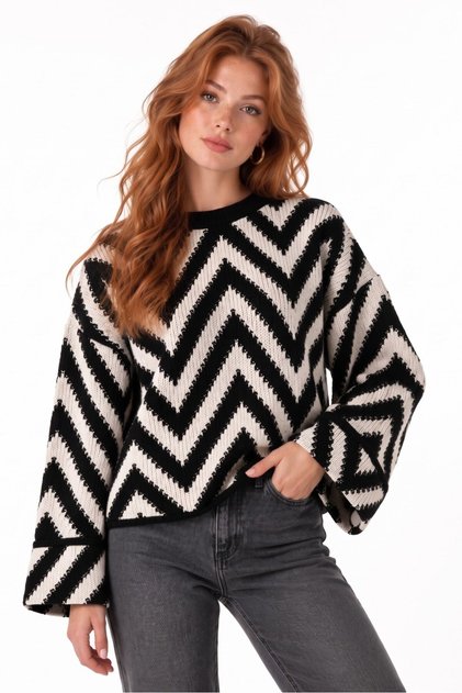 Siyah Zigzag Desenli Oversize Örgü Triko Kazak