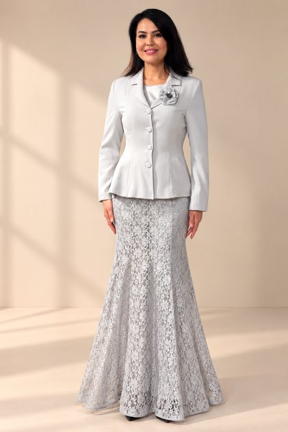 Women's Peplum Jacket Skirt Two-Piece Set - Tie Back Jacket and Lined Long Lace Skirt
