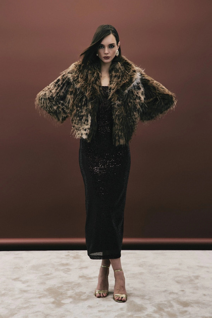 Leopard Patterned Faux Fur Jacket – Brown Short Women's Fur Coat - Leopard