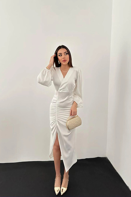 Women's White Satin Double Breasted V-Neck Long Sleeve Gathered Slit Midi Evening Dress