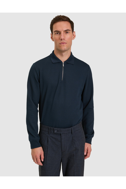Navy Blue Regular Fit Zippered Polo Collar Sweatshirt 50331644-Vr033