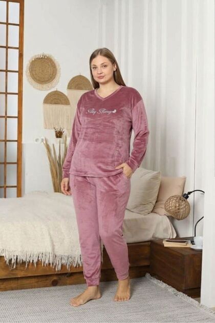 Women's Embossed Printed V-Neck Soft Velvet Lycra Plus Size Pajama Set