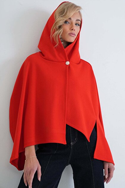 Women's Red Hooded Buttoned Unlined Cape Alc-X15927
