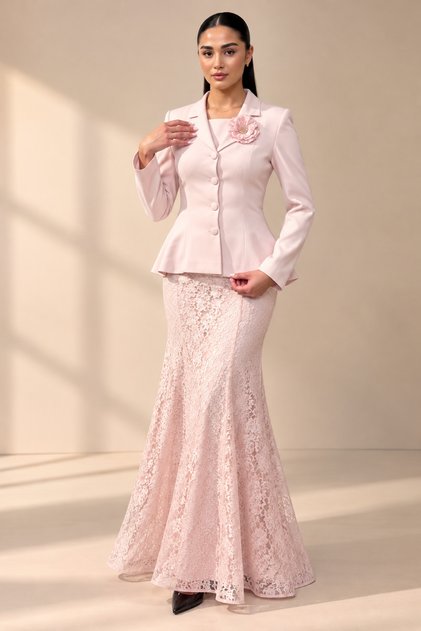 Women's Peplum Jacket Skirt Two-Piece Set - Tie Back Jacket and Lined Long Lace Skirt