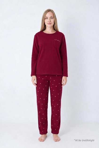 Bordo Desenli Waffle Dokulu Cepli Bisiklet Yaka Uzun Kollu Kadın Pijama Takımı