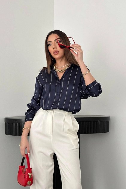 Women's Navy Blue Striped Satin Shirt Long Sleeve Buttoned Oversize Flowy Shirt Collar