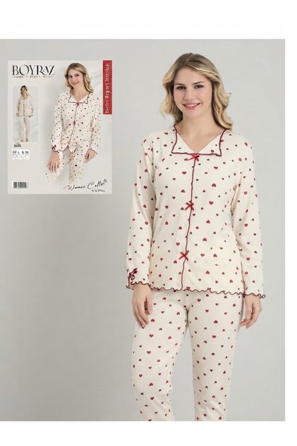 Boyraz Women's Heart Patterned Buttoned Interlock Fabric Long Sleeve Pajama Set