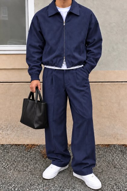 Men's Oversize Double Zipper Jacket and Baggy Pants Bottom Top Set