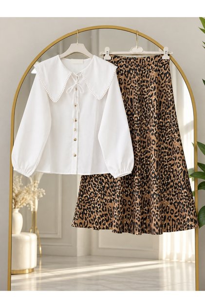 Women's white sailor collar shirt with leopard print skirt set - brown