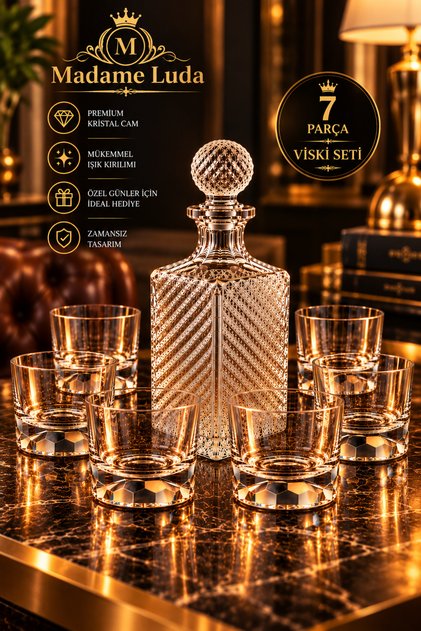 Lüx Kristal 7 Parça Viski Karafı Şişe Sürahi & Viski Bardağı Seti-(1.250 LİTRE KARAF/300 ML 6 NUDE BARDAK)